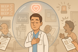 A doctor surrounded by a chaotic hospital environment (charts, alarms, patients) with a calm bubble around them, symbolizing focus and mindfulness.