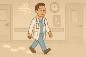 A doctor doing mindful walking down a hospital corridor, with soft glowing footsteps to show awareness.