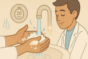A doctor performing mindful handwashing, with close-up focus on hands under warm water.