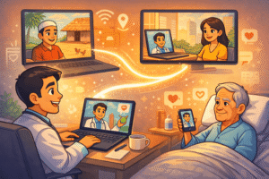 A doctor virtually checking in with multiple patients from different locations — one in a remote village, one in an urban apartment, and one elderly patient in bed. Laptops and phones show open video call windows, symbolizing how telemedicine bridges distance.
