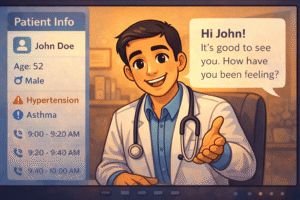 A doctor making eye contact with the camera, smiling, and greeting a patient warmly during a telemedicine call.