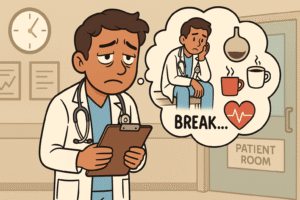 Doctor looking exhausted, standing in front of a patient room with a clipboard in hand. Background shows busy medical charts and clock ticking, while a thought bubble shows them hesitating to take breaks.