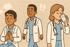 Three doctors each taking a different type of short break: one doing box breathing, one walking in a hospital corridor, and one mindfully drinking water.