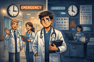 a split environment: one side depicts a familiar home country night shifts (friendly, structured) and the other side shows a foreign hospital night shifts (unfamiliar signage, language cues, different protocols). A doctor stands in the middle, looking slightly overwhelmed, symbolizing the added cognitive and cultural load abroad.