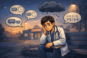 Doctor sitting on a bench outside the hospital under streetlights at dawn, looking thoughtful. Around them are icons representing loneliness (empty chat bubbles with far-away clocks showing different time zones), language barriers (speech bubbles with unfamiliar script), and emotional fatigue (cloud over head), suggesting isolation and psychological strain