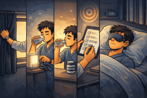 A multi‑part routine: doctor closing blackout curtains, setting up light‑control gear, drinking a small water bottle, checking a checklist on a tablet, and then sleeping with earplugs and eye mask on. Each mini‑scene merges into a calm, organized tableau showing systems that respect biology.