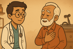 Doctor talking to an elderly patient in a rural clinic setting. The patient gestures toward their chest with a poetic expression while the doctor listens intently.