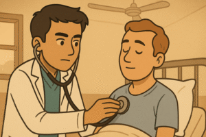 A doctor examining a patient using only a stethoscope and clinical observation — no machines. The doctor looks focused, the patient calm.