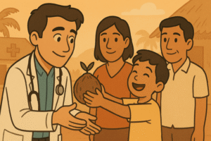 A smiling child handing a coconut or flower to a doctor as thanks, with a translator or family nearby. The doctor looks touched or humbled. Other patients in background.
