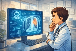 AI powered computer screen analyzing a chest X-ray while a doctor looks on, reviewing the results thoughtfully. The setting is a modern clinic with digital elements, showing harmony between tech and human judgment.