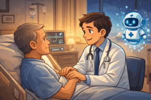 Doctor sitting beside a patient, gently holding their hand while speaking. A glowing AI assistant floats nearby but watches quietly, not intervening.