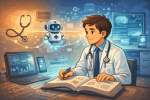A young doctor studying AI-based medical tools (charts, monitors, apps) while also reading a medical textbook.