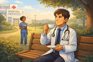 The first year abroad doctor in a simple activity outside the hospital — walking with a notebook, chatting with a local colleague, or sipping tea in a park next to the hospital.