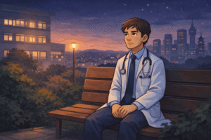 A doctor sitting alone on a bench in a hospital garden after night duty, sunset turning to night. The doctor looks quietly introspective with a calm expression—exhausted but not defeated.