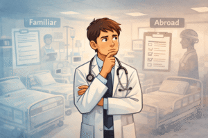 A doctor looking uncertain in a hospital ward, pausing before making a decision. Around him are ghosted outlines of familiar clinical cues from home and unfamiliar system cues from abroad (protocols, documentation lists).
