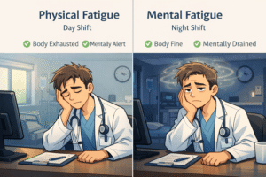 Split illustration comparing mental fatigue vs physical fatigue in a doctor. Left side: doctor physically tired but mentally alert after a day shift. Right side: doctor physically fine but mentally drained during a night shift, with subtle cognitive fog around the head