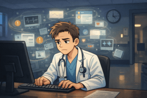 A doctor working at a computer during a night shift, surrounded by multiple small decision cues (charts, monitors, alarms) subtly floating around. The doctor appears focused but mentally overloaded. Dim hospital lighting, clock showing early morning hours, emphasis on cognitive load rather than physical strain.