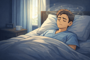 A doctor lying in bed during daytime after a night shift, eyes closed but expression unrested. Bright daylight filters through curtains, creating contrast with the dark room. The body appears rested, but the mind feels unresolved, symbolizing incomplete mental recovery.