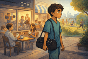 A doctor walking past a gym, cafe, or park with a distant look, dressed in scrubs and carrying a stethoscope bag — showing that life is passing by unnoticed.