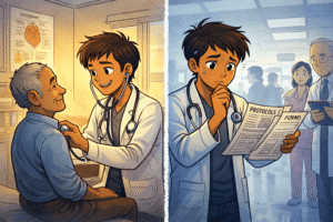 A doctor confidently diagnosing a patient in one scene (background from home country), contrasted with the same doctor hesitating in a foreign hospital environment surrounded by unfamiliar forms and protocols.