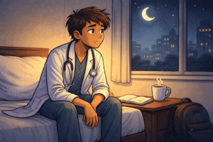 A doctor sitting on their bed after a shift, looking tired but not collapsed — thoughtful, staring out a window. A coffee mug and open notebook nearby.