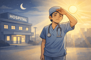 A doctor leaving the hospital in bright morning light after a night shift, squinting slightly. Strong sunlight contrasts with a fading moon behind the building.