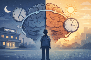 A human brain overlaid with a disrupted circadian clock. One side shows night (moon, hospital lights), the other shows day (sunlight), with arrows misaligned. A doctor silhouette stands beneath, highlighting biological mismatch during night shifts.