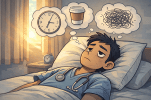 A tired doctor lying awake in bed during daytime, eyes open, sunlight leaking through curtains. Thought bubbles show a clock, caffeine cup, and racing thoughts. The room feels restless rather than calm, symbolizing exhaustion without real sleep.