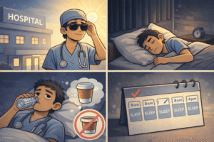 Multi-scene illustration showing a doctor following a structured night-shift system: wearing sunglasses after shift, sleeping in a dark room with blackout curtains, drinking water instead of coffee, and setting a simple sleep schedule.