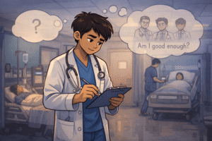 A doctor in a hospital ward with thought bubbles showing self-doubt phrases (like ‘Am I good enough?’), while performing duties competently.