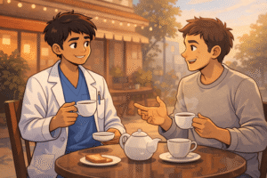 The doctor in a relaxed, non-clinical setting - having tea with a local friend.