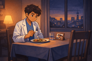 A doctor abroad eating dinner alone in their small accommodation after work, an empty chair opposite them. Window shows night falling, and a photo of family on the table.