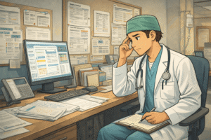 A doctor working at a hospital desk surrounded by unfamiliar protocols, charts, and computer systems. The doctor appears capable but mentally overloaded, pausing mid-task.