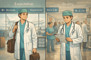 Illustration showing contrast between expectation and reality: on one side, a confident doctor arriving abroad with optimism; on the other, the same doctor navigating a busy hospital environment with caution and adaptation.