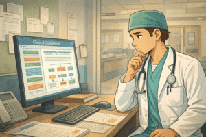 A doctor hesitating before making a clinical decision at a workstation, reviewing guidelines on a screen. Expression shows self-doubt mixed with focus, not panic.