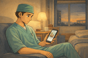 A doctor sitting alone after a shift, possibly in staff housing or a quiet room, scrolling a phone with family messages from another time zone.