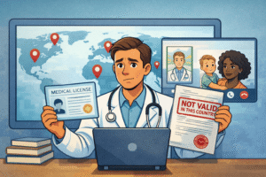 Doctor holding a medical license in one hand and a document stamped ‘Not Valid in This Country’ in the other, standing in front of a virtual consultation screen showing global patient locations. Visualizes jurisdiction confusion and legal tension. Background shows digital map with red markers.