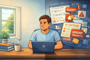 A doctor in casual clothes working from a laptop in a bright room. One side of the room is peaceful with coffee and books (freedom), while the other side shows notification overload, pop-up alerts, and strict platform metrics on screen. Represents the psychological pull and hidden pressure of telemedicine.