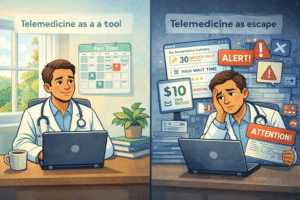 Split-screen: Left side shows doctor confidently using telemedicine as a tool—calendar, part-time schedule, peaceful work setup. Right side shows overwhelmed doctor trying to use telemedicine as escape—cluttered interface, frustration, fading motivation.