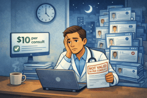 Doctor looking tired while sitting at a desk, stacks of virtual patient charts beside them. A small screen shows payment for each consult (e.g., $10). Clock shows late hours. Scene conveys high workload, low pay dynamic in telemedicine.