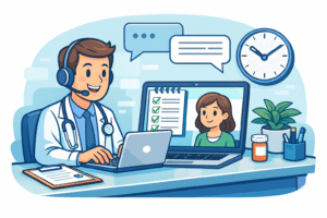 A doctor conducting a virtual consultation from a desk with a laptop, checklist visible on screen. The scene shows structured conversation with speech bubbles, minimal small talk, and a clock indicating efficiency.