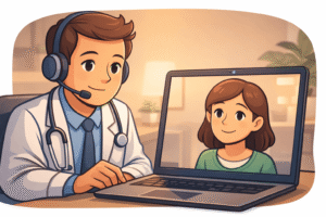 A doctor listening attentively during a video call, leaning slightly forward, maintaining eye contact with the camera. Patient appears on screen looking reassured. The good points of telemedicine.