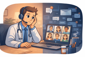 A doctor sitting at a desk after multiple virtual consultations, laptop open with many small video call windows. Doctor looks thoughtful and slightly fatigued but composed.